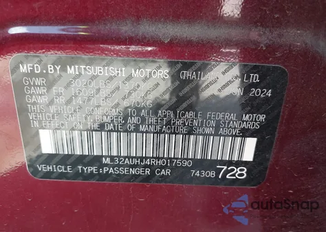 2024 Mitsubishi Mirage Es/Le from USA, damaged, VIN ML32AUHJ4RH017590